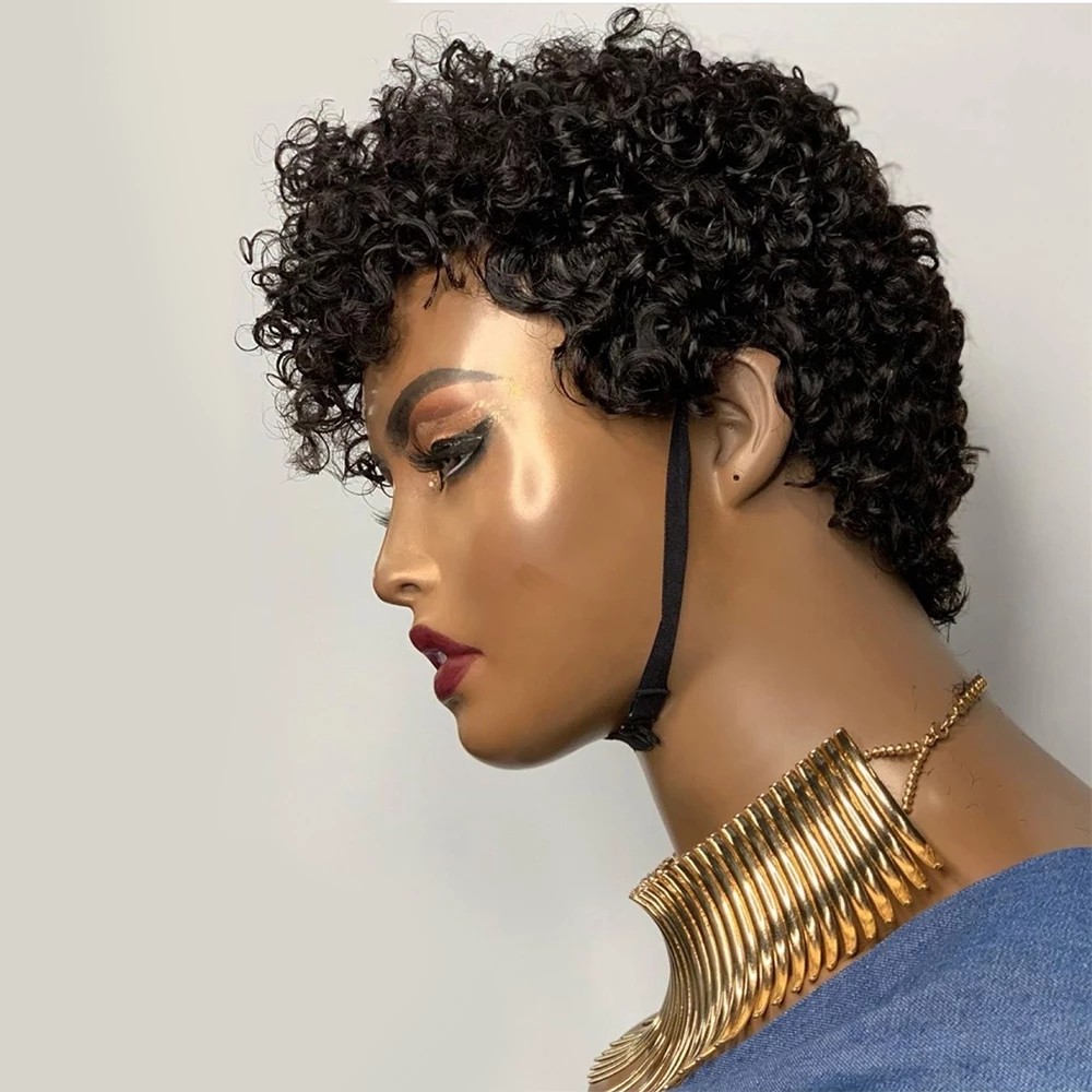 Short Curly Bob Wigs Black Color Brazilian Pixie Cut Short Human Hair Wigs Non Lace Front Wig Machine Made For Women