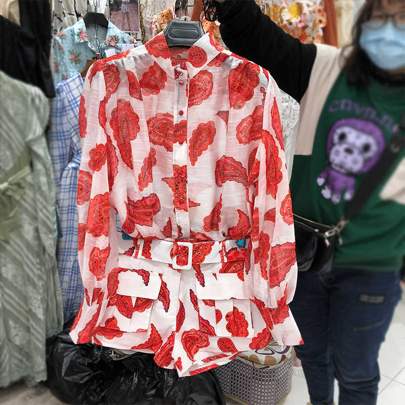 DEAT Summer Fashion Casual Patchwork Loose Print Long Lantern Sleeve Shirt Shorts Two Piece Set Women SD366 210709