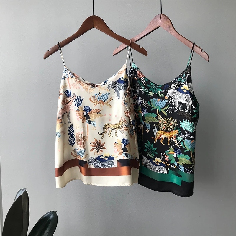 Tank Top Women Satin Loose Plus Size Tropical Jungle Folk Style Print V-neck Shoulder Strap Halter Vest Female Undershirt Summer 210308