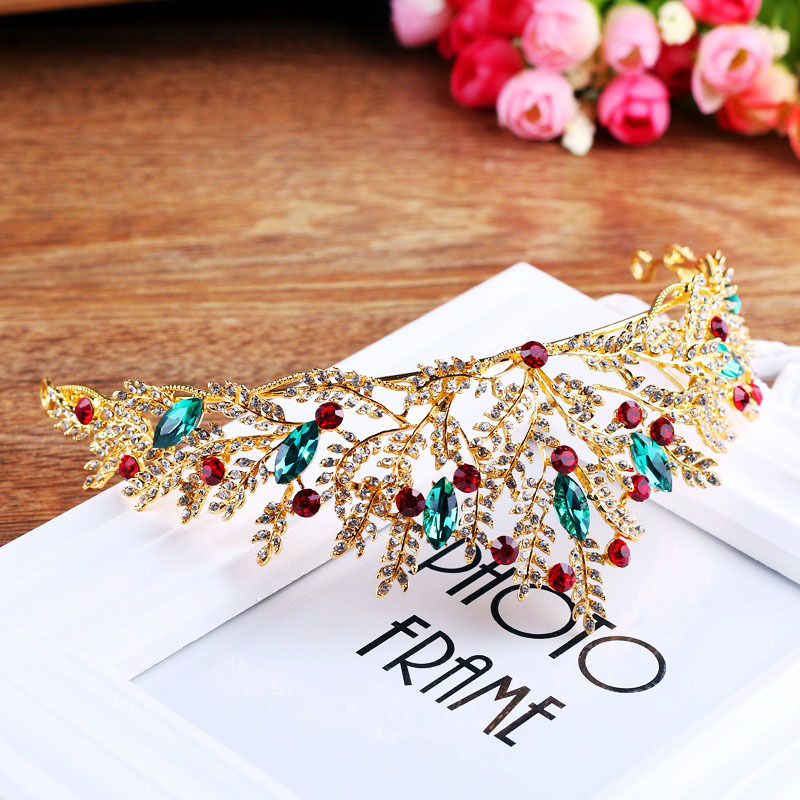 Vintage Gold Rhinestone Green Red Crystal Bridal Tiara Crown Handmade Noiva Diadem Headpiece Wedding Hair Jewelry Accessories JL T200522