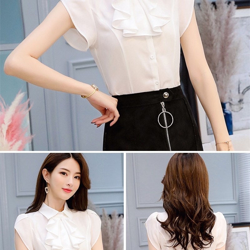 Summer Womens Formal Sheer White Red Shirt for Women Short Sleeve Ruffle Button Chiffon Tops and Blouses Slim Work Blusa 210225