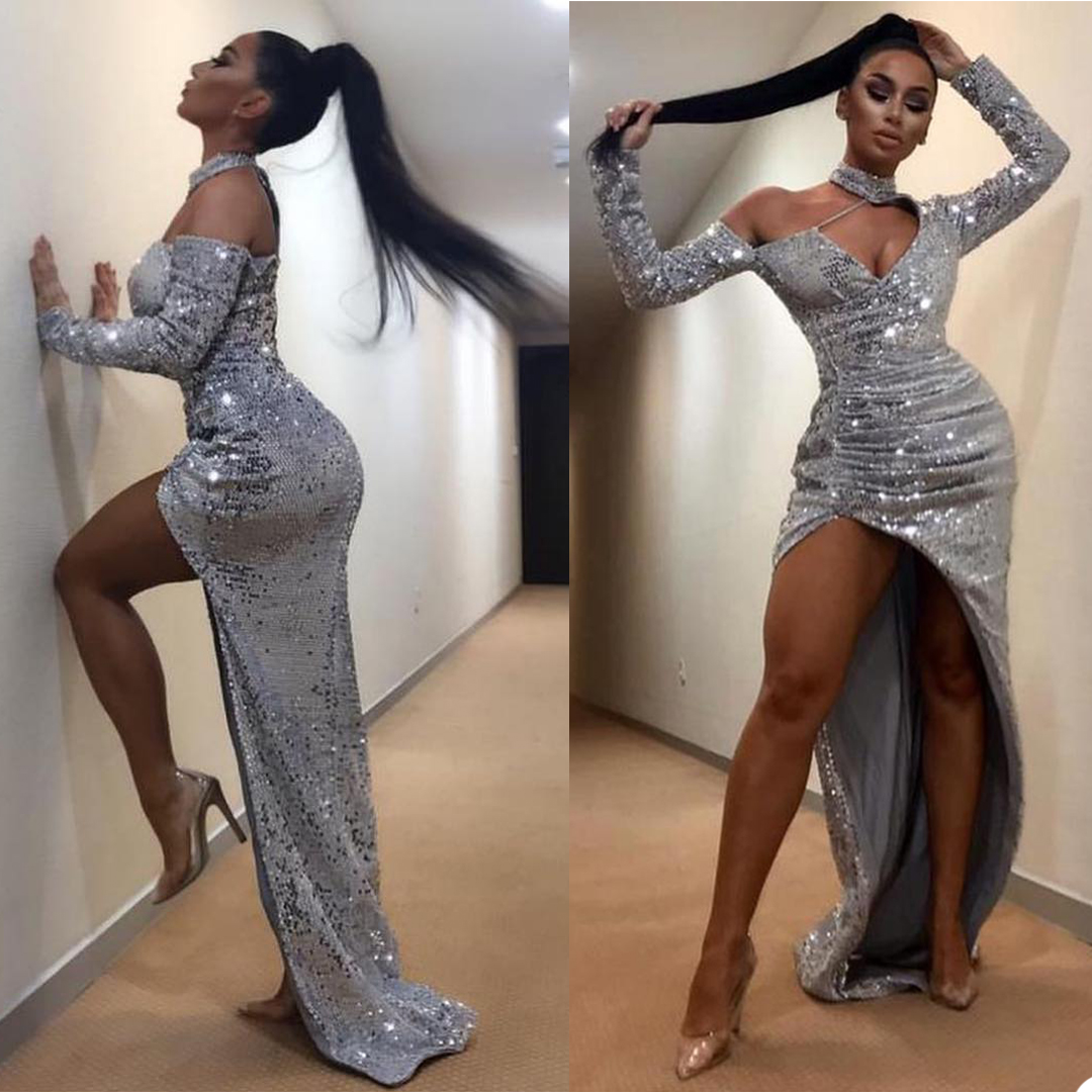 glitter sliver mermaid prom dresses dubai arabic sequins party evening dresses modern sexy side split custom made sweep train robe de marie
