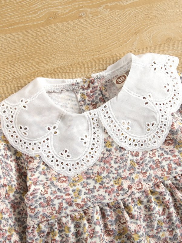 Baby Ditsy Floral Eyelet Embroidered Statement Collar Bishop Sleeve Dress SHE