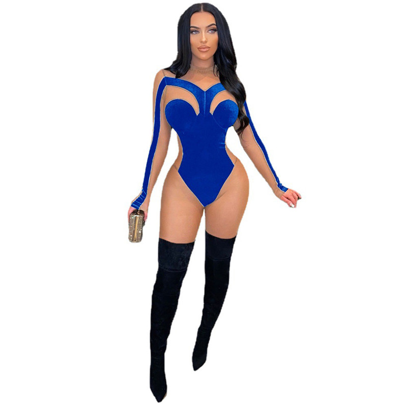 Fall Winter Velvet Jumpsuits Women Velour Mesh Rompers Long Sleeve Jumpers Sheer Casual Bodycon Bodysuit Sexy Night Club Wear Wholesale Items 6922