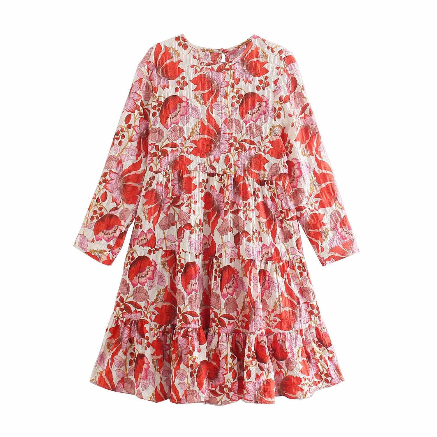 Summer Women Floral Printed Textured Dress O-neck elegant Casual Fashion Vintage Chic Lady Woman Short Pleated Sundress 210709 
Summer Women Floral Printed Textured Dress O-neck elegant Casual Fashion Vintage Chic Lady Woman Short Pleated Sundress 210709