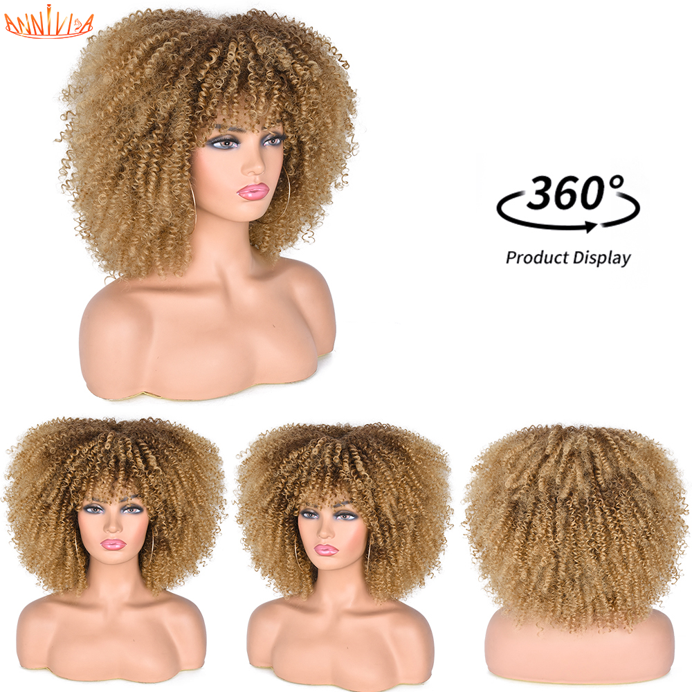 Short Afro Kinky Curly Wigs With Bangs For Black Women Blonde Mixed Brown Synthetic Cosplay African Wigs Heat Resistant Anniviafactory direc