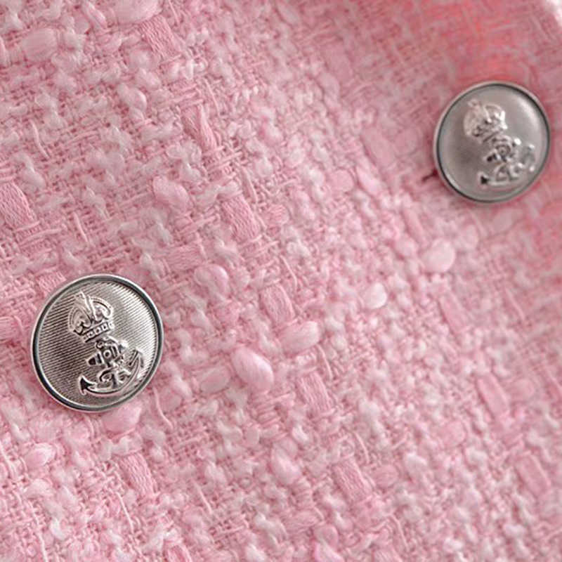 Klacwaya Za Blazer Women Fashion Pink Plaid Texture Casual Spring Autumn Office Double breasted Coat 210907