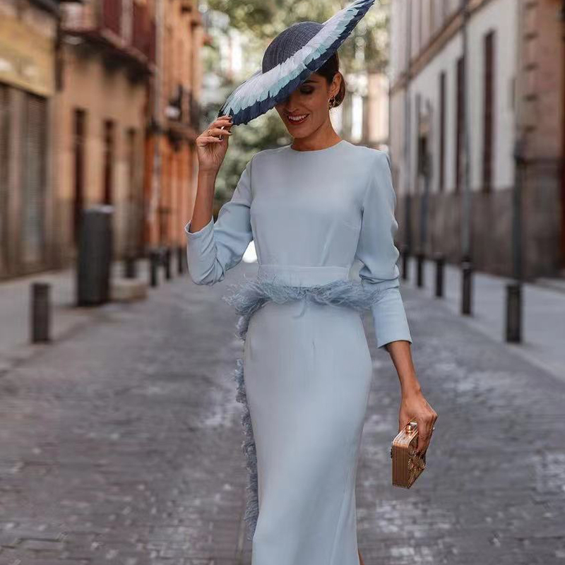 Feather Sheath Mother of the Bride Dresses Tea Length Satin Wedding Guest Gowns with Long Sleeve Jewel Neck Vestidos De Fiesta