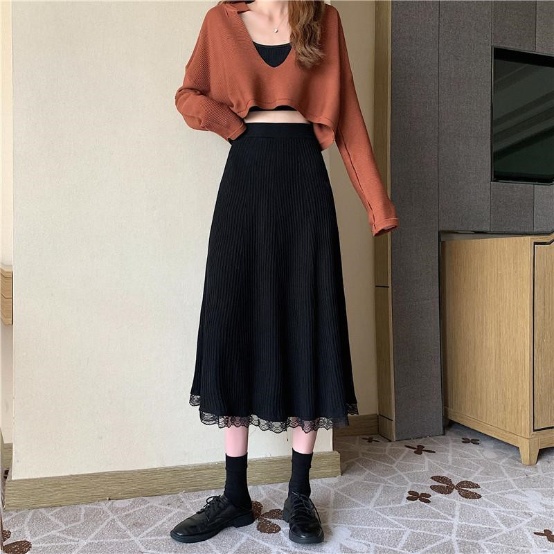 Women Winter A-Line Sweater Thick Long Skirt Female Autumn Black Pleated Skirt Koreany High Waist Elegant Lace Stitching 210311