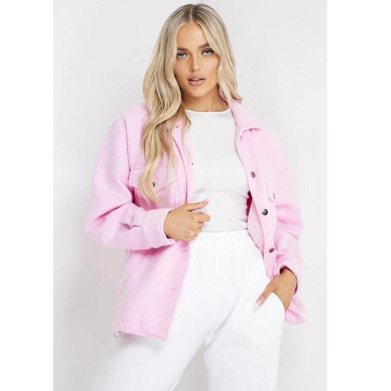 Purple Demi-Season Solid Jacket Shirt Pockets Coat With Buttons Female Autumn Ladies Black Trend Overcoat Black Turn-down Collar