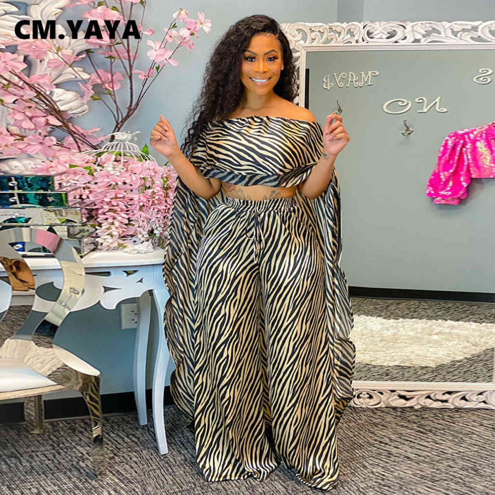 CM.YAYA Activewear Zebra Sweatsuit Women's Set Irregular Cape Cloak and Pants Suit Street Tracksuit Two Piece Fitness Outfit 211105