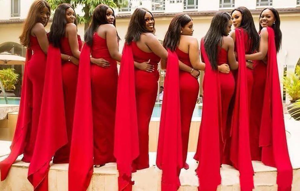 2021 Elegant Arabic Red Mermaid Bridesmaid Dresses One Shoulder Side Split Floor Length Long Wedding Guest Dress Formal Maid of Honor Gowns 0509