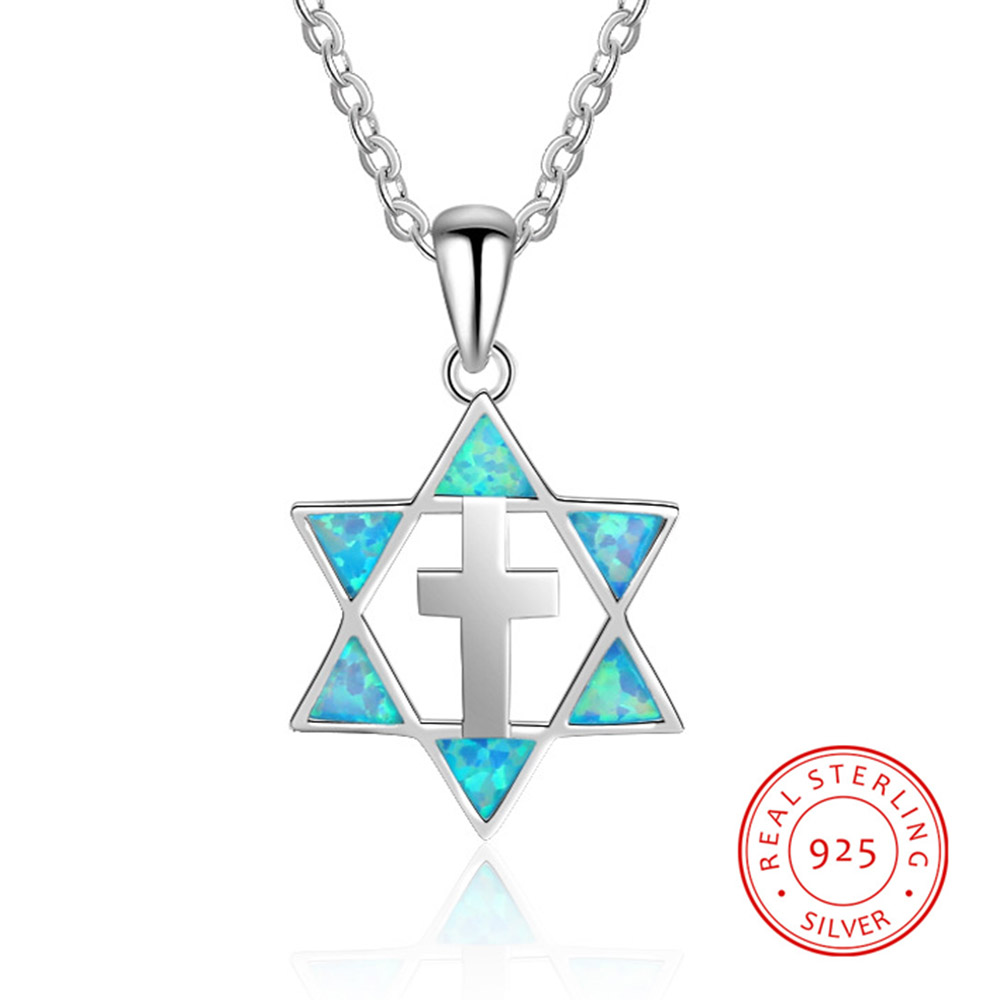 High Quality Jesus Jewelry Blue Opal Star of David Pendant 925 Sterling Silver Cross Necklace For Gfit With Chain
High Quality Jesus Jewelry Blue Opal Star of David Pendant 925 Sterling Silver Cross Necklace For Gfit With Chain