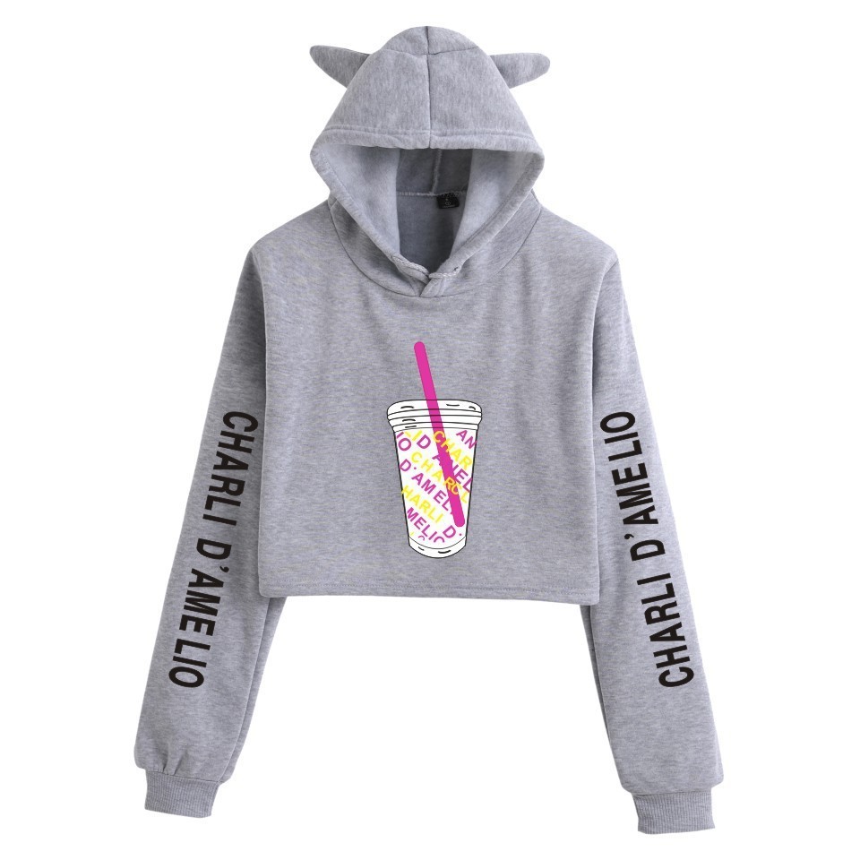 Charli Damelio Merch Hoody Crop Top Hoodie Sweatshirt Cropped Splatter Cat Ear Hoodie Women Short Sweatshirts Pullover Hoodies 201102