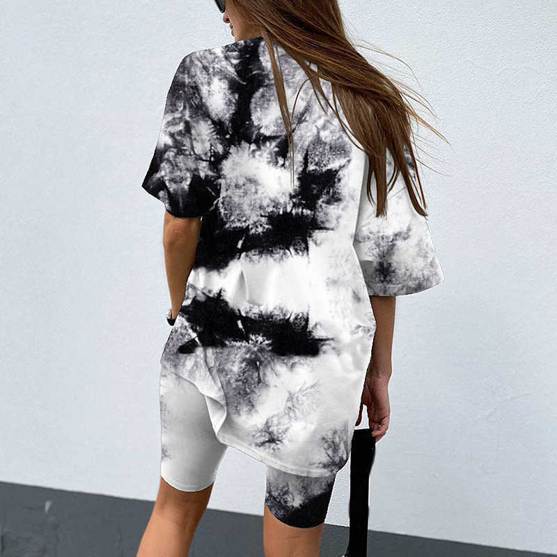 Casual Tie Dye Women Two Piece Sets With Belt Home Loose Sports Tracksuits Fashion Leisure Bicycle Suit Summer Clothing 210709