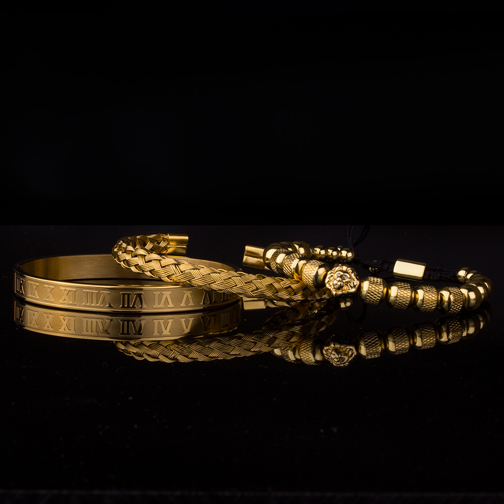 3pcs Luxury Roman Royal Lion head Charm Bracelet Men Stainless Steel Geometry Pulseiras Men Open Adjustable Couple Jewelry