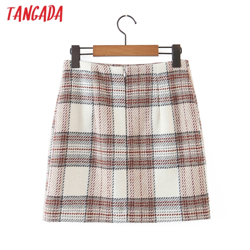 Tangada Autumn Winter Women Plaid Pattern Tweed Skirts Faldas Mujer Zipper Female Mini Skirt 8H14 210309