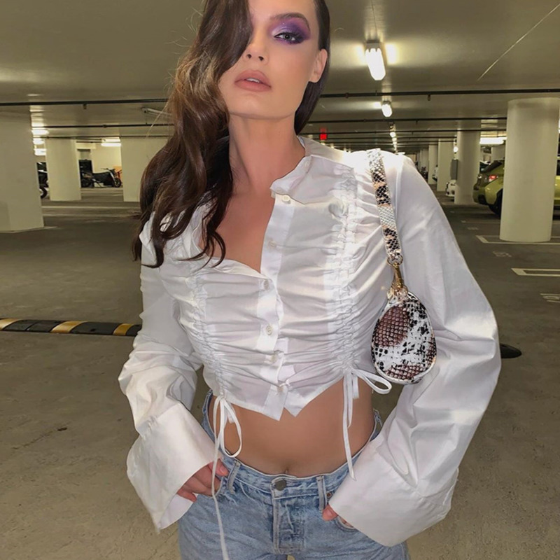 Spring Arrivals Short Solid Color Long Sleeve Lapel Collar Pleated Irregular Shirt MZ657 210525, White
Spring Arrivals Short Solid Color Long Sleeve Lapel Collar Pleated Irregular Shirt MZ657 210525, White
