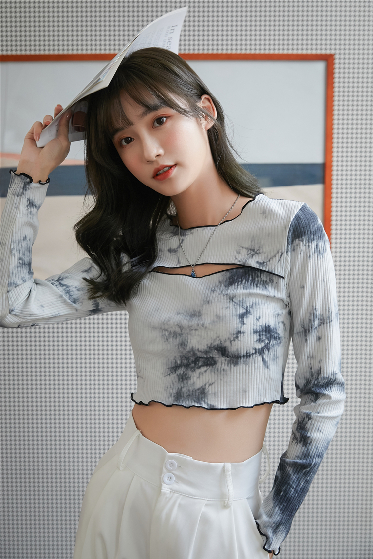 CHEERART Tie Dye Long Sleeve Crop Top Hollow Out T Shirt Women Ribbed Top Crewneck Tshirt Fashion Tee Fall Women Clothing 210302
