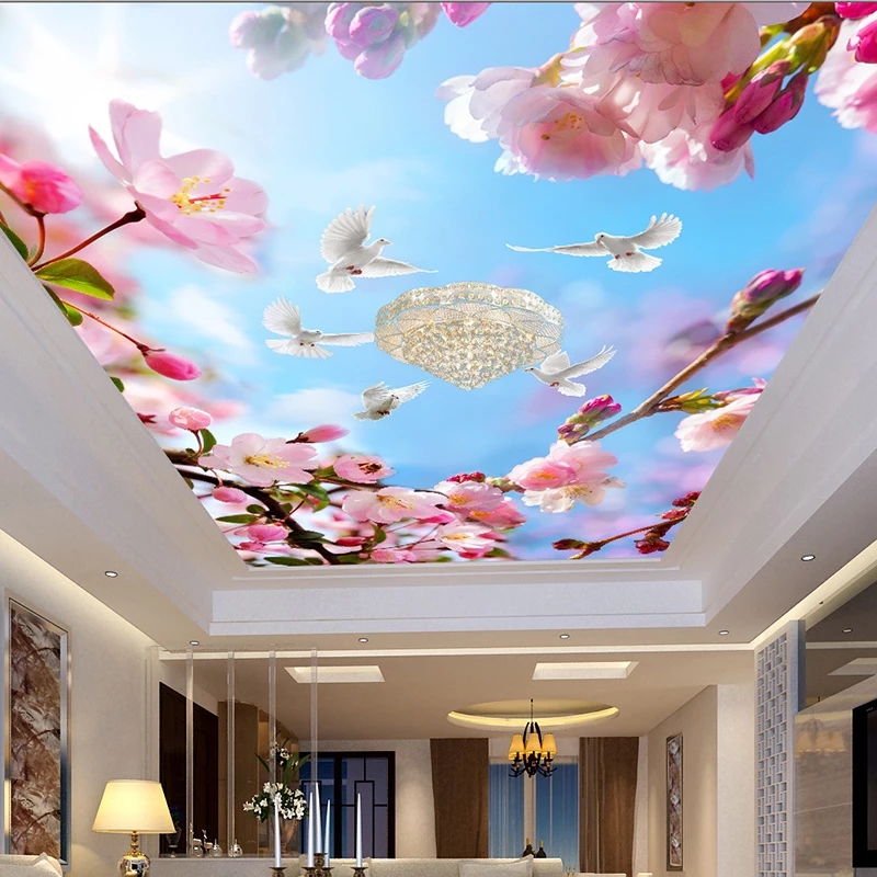 Custom 3D Mural Beautiful Flower Pigeons Blue Sky Suspended Ceiling Wallpaper Sitting Room Modern Decor Waterproof