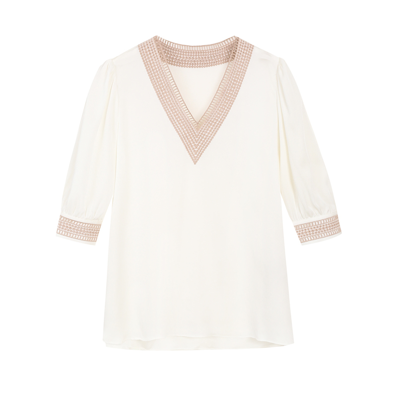 Korean Heavy Silk Women Blouse Shirt Women Embroidered Blouse Tops Plus Size White V-neck Silk Blouse Blusas Mujer De Moda 210225
