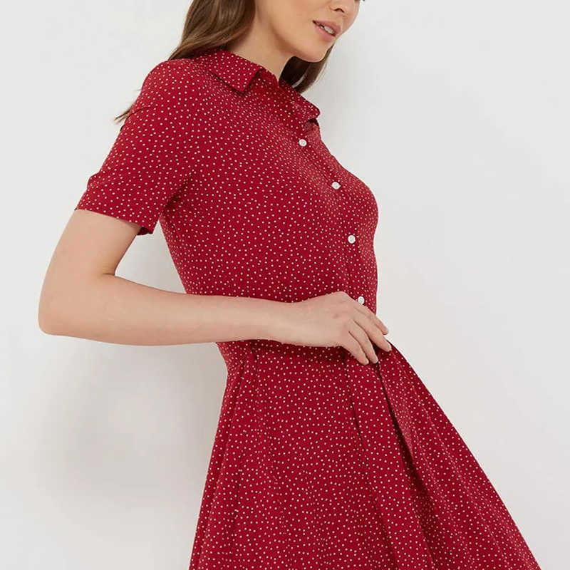 Capucines Women Dot Print Button Shirt Dress Summer Short Sleeve Turn-down Collar Belt A Line Casual Midi Dresses Vestidos 210630