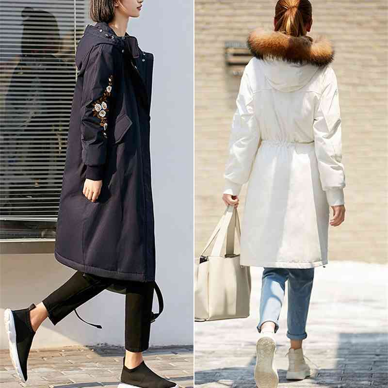 Women 90% White Down Jacket Winter Wool Collar Hooded Embroidery Loose Female Long Coat 1189 210527