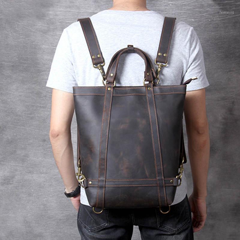 Multifunction Men's Backpack Crazy Horse Genuine Leather Rucksack Big Capacity Pc Daypack Men School Bags 3 Way Travel Bags