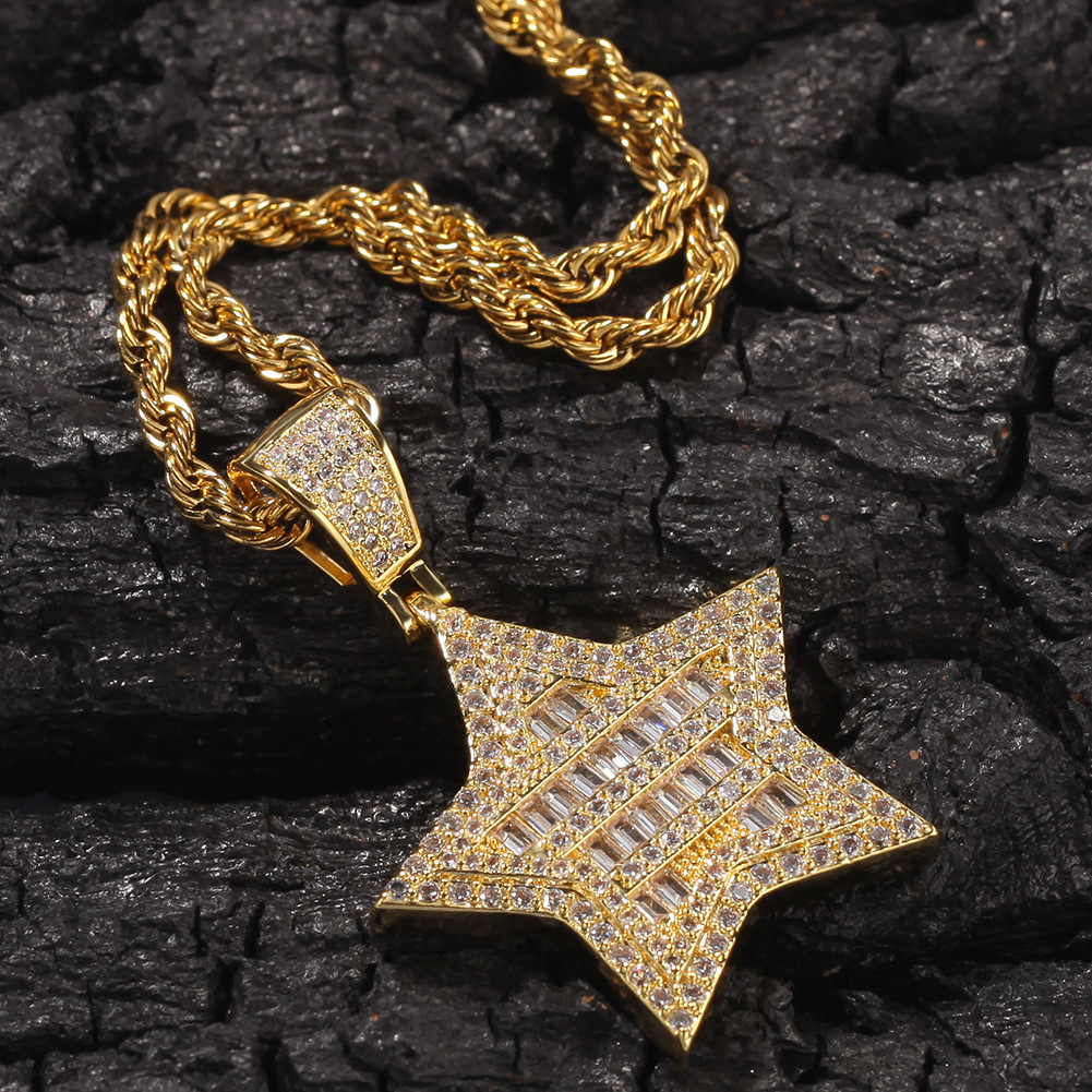 Hip Hop Star Pendant Necklace Bling 18K Real Gold Plated Shining Crystal Zircon Men Women Gift