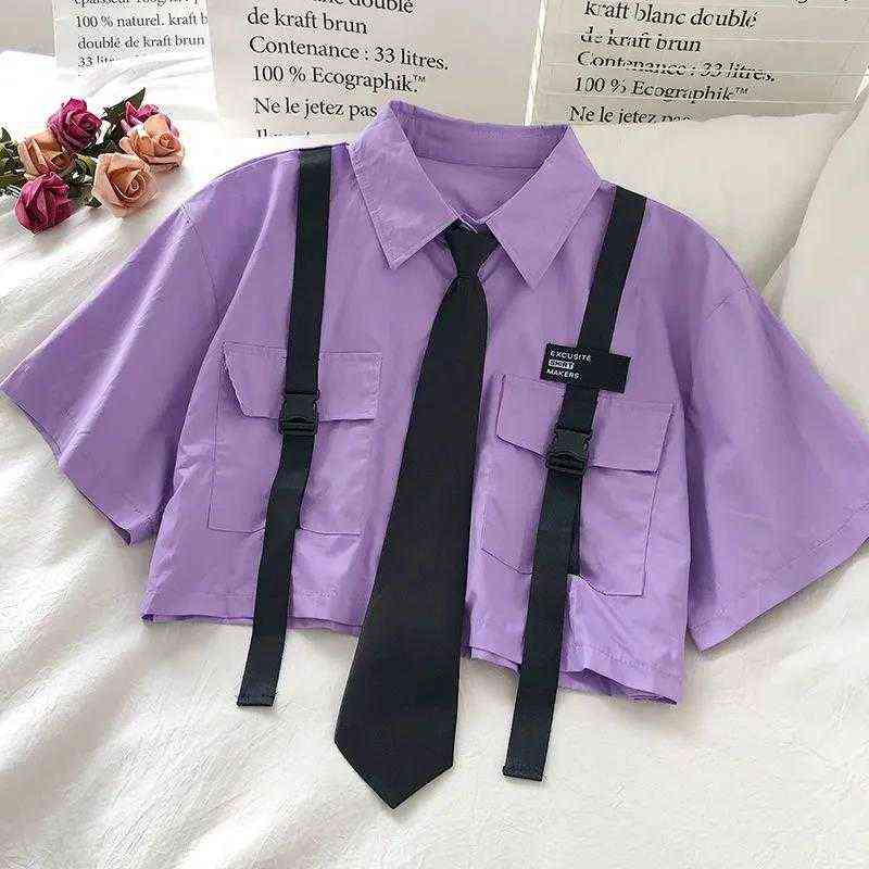 Autumn Streetwear Pants High-Waist Straight Ribbon Cargo Student Loose Short-Sleeved Shirt with Tie two-piece Set 211115