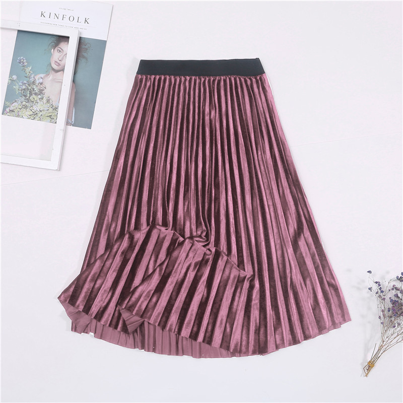 Ladies Vintage Autumn Winter Women Velvet Skirt High Waisted Elegant Sexy Skinny Black Pleated Skirts Female Maxi Skirts Womens 210306