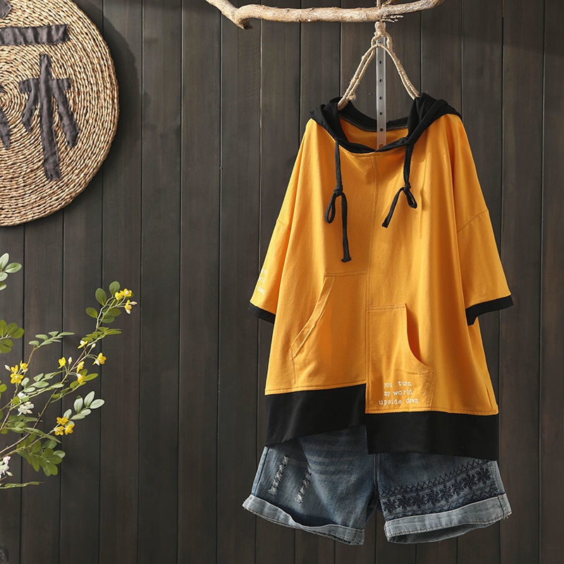O Neck 100% Cotton Hoodie T Shirt Woman Summer Short Sleeve Shirt Woman Tshirt Loose Korean Style Plus Size Women Shirts T200614