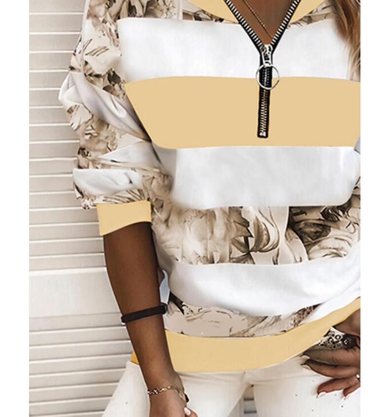 Women's Blouse Shirt Striped Color Block Long Sleeve Print V Neck Tops Basic Top Blue Yellow Blushing Pink 210225