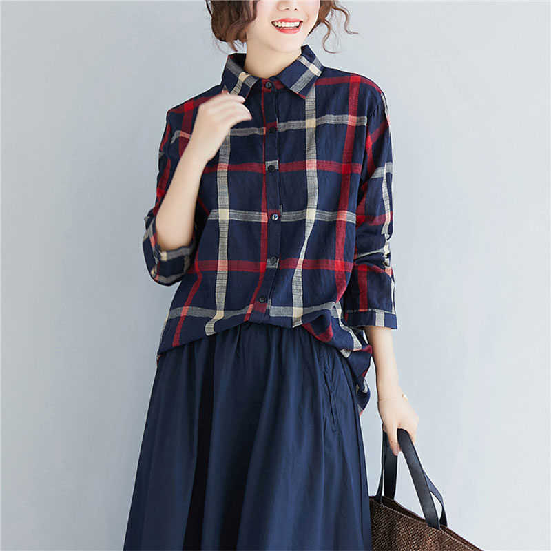Spring Autumn Arts Women Long Sleeve Loose Casual Plaid Shirts Turn-down Collar Cotton Linen Blouse Femme Tops M704 210608, Blue
Spring Autumn Arts Women Long Sleeve Loose Casual Plaid Shirts Turn-down Collar Cotton Linen Blouse Femme Tops M704 210608, Blue