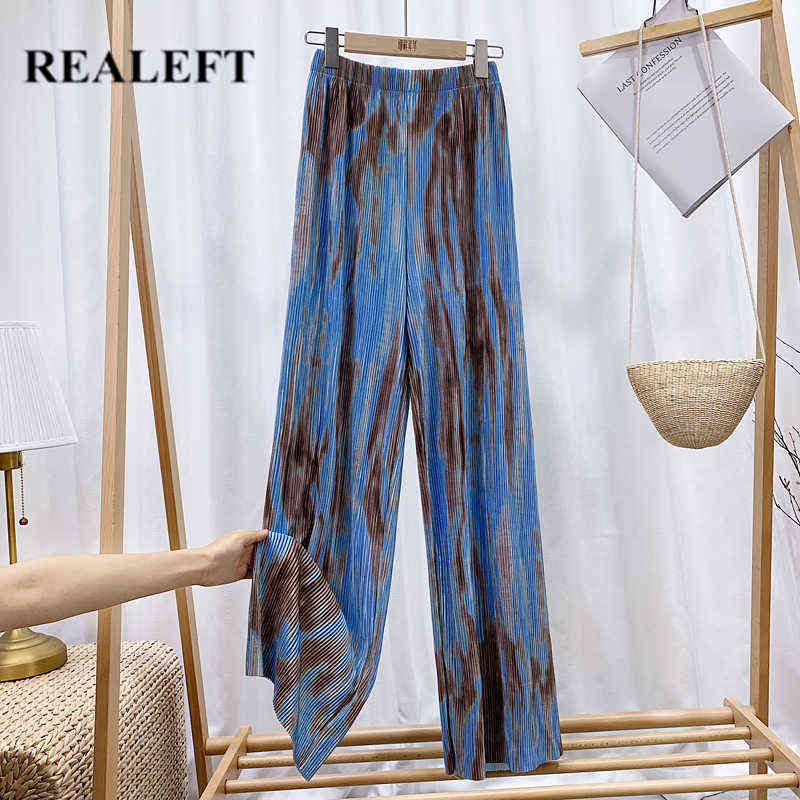 REALEFT Summer Vintage Printed Women's Pleated Long Pants Elastic Waist Loose Bohemian Female Wide Leg Trouses Ladies 211115