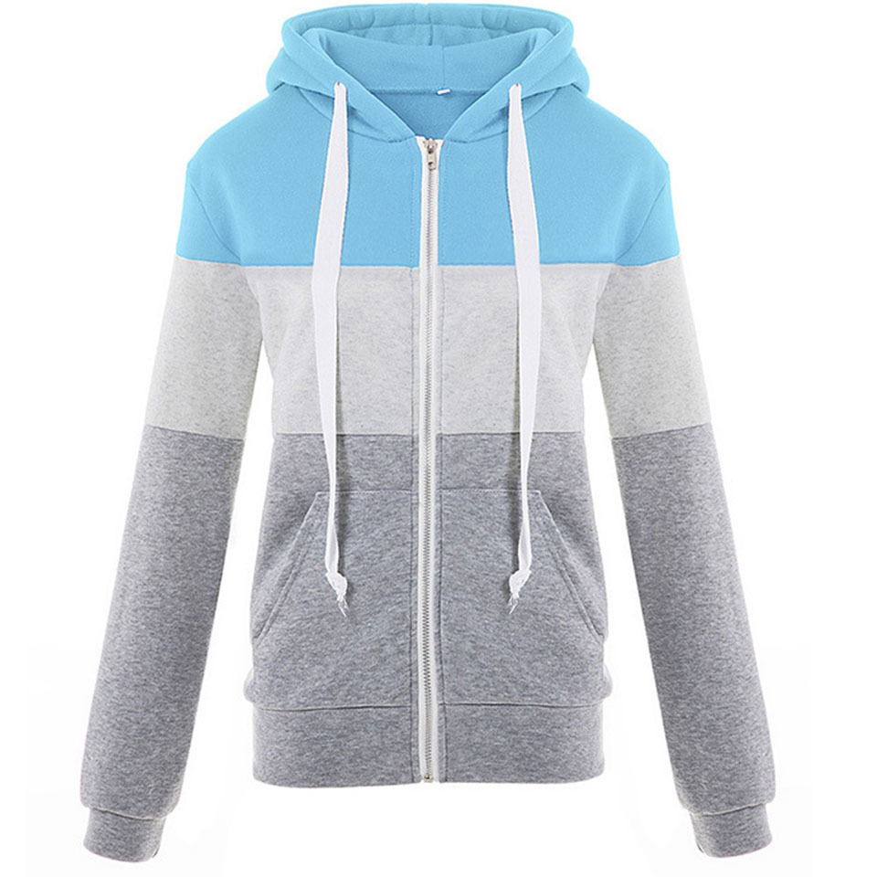 Women Hoodie Casual Kangaroo Pocket Patchwork Long Sleeve Hoodie Sweatshirt With Zipper Hoodie Drawstring Harajuku Fashion T200525
