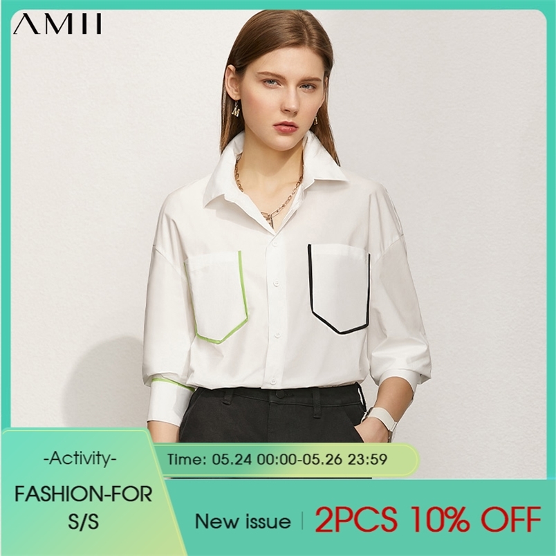 Minimalism Summer Women's Shirt Offical Lady 100%cotton Patchwork Lapel Full Sleeve Causal Tops 12170179 210527