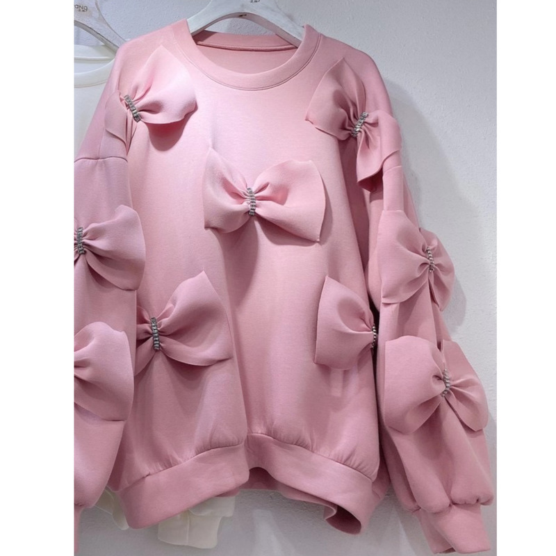 DEAT Autumn/winter New Women Casual Long Sleeve Round Neck Pullovers Bow Decoration Loose Cotton Sweatshirt RC106 201204