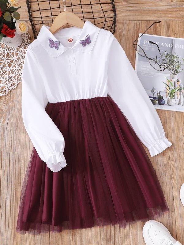 Girls Two Tone Butterfly Appliques Mesh Hem Dress SHE
