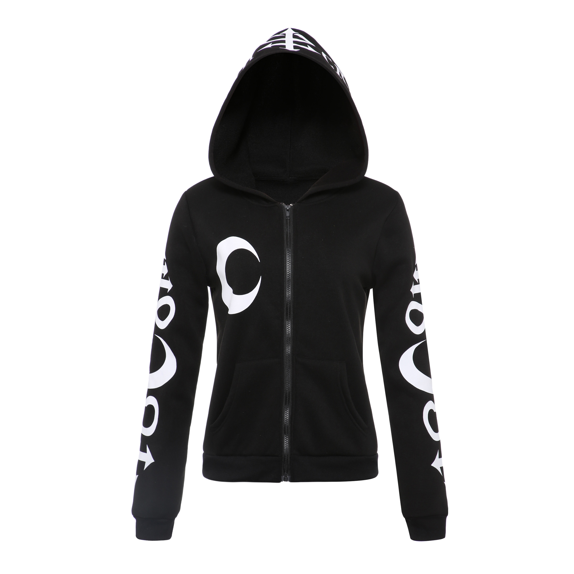 Rosetic Goth Hooded Black Hoodie Women Gothic Casual Moon Print Chic Black Hoodies Plus Size Fashion Streetwear Sweatshirt 201202