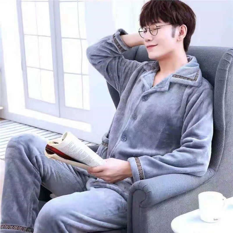 Winter Long Sleeve Pajamas Set For Men Thick Warm Flannel Pyjamas Suit Lounge Homewear Home Clothes Male Sleepwear 211014