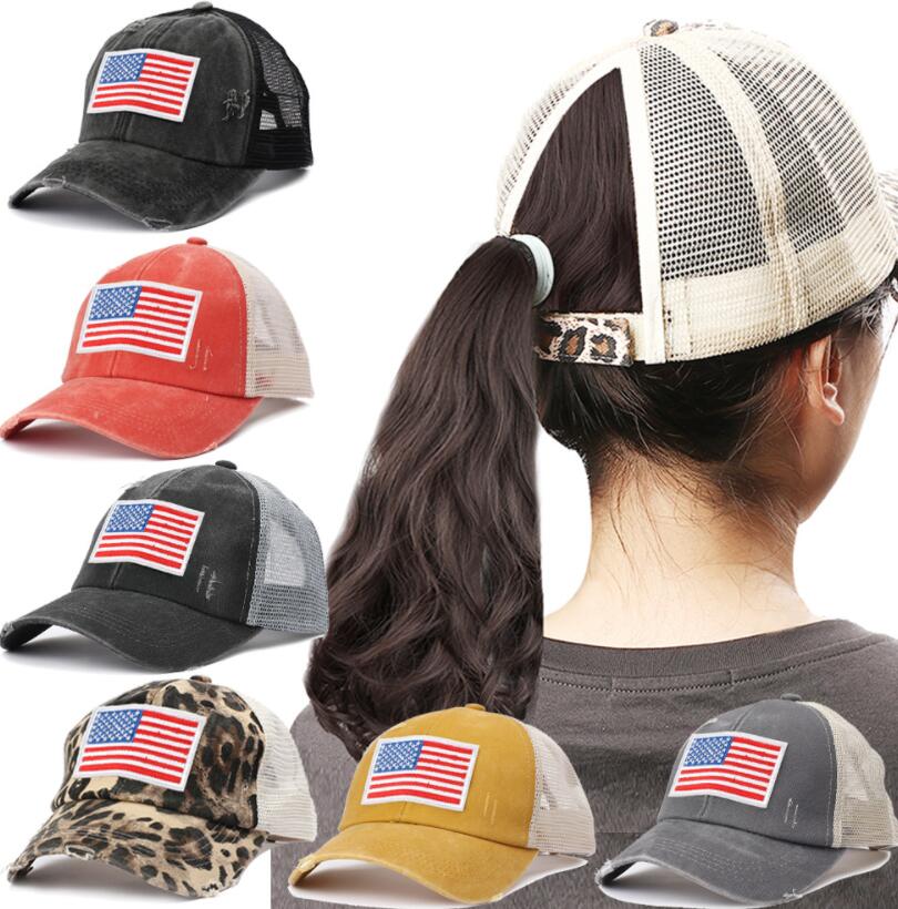 

Creative American flag embroidery Ponytail Baseball Cap Women Distressed Washed Cotton Trucker Caps Casual Summer Snapback Hat Glitter Brim Satin Dad Hats, As picture