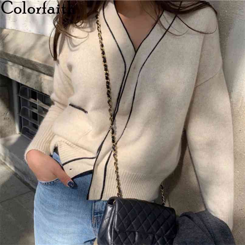 Colorfaith Winter Spring Women's Sweaters Loose Fashionable Knitwear Korean Knitted Ladies Covered Button Cardigans SWC7752 210918