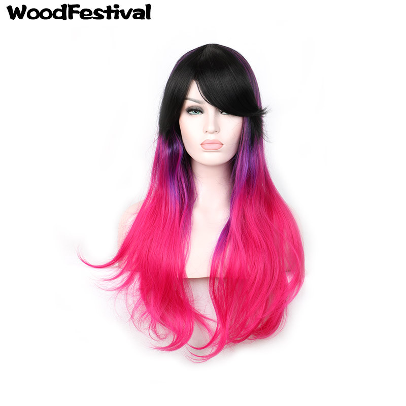 good quality synthetic fiber hair wigs ombre black purple pink mixed color cosplay wig 75cm long wavy wig with bangs women