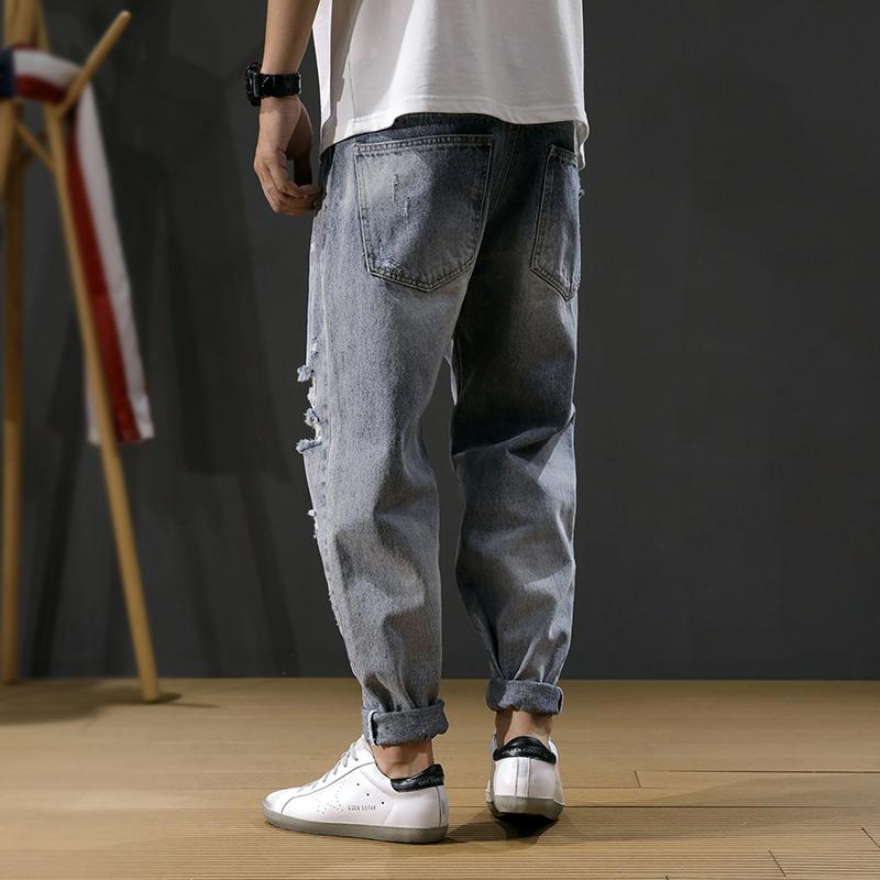 Korean Fashion Men Jeans Loose Fit Retro Blue Destroyed Ripped Jeans Men Baggy Harem Pants Embroidery Designer Hip Hop
