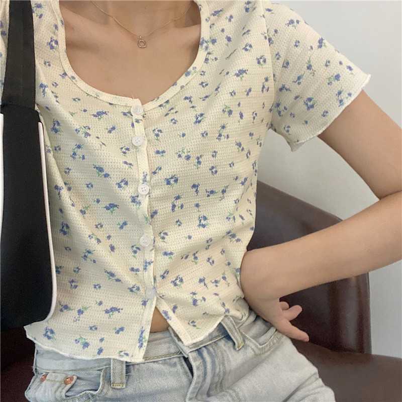 Summer Short Sleeve Shirts Women Printed Floral Cropped Tops Female Plus Size Single-Breasted Flower Street Wear Blusa 210601