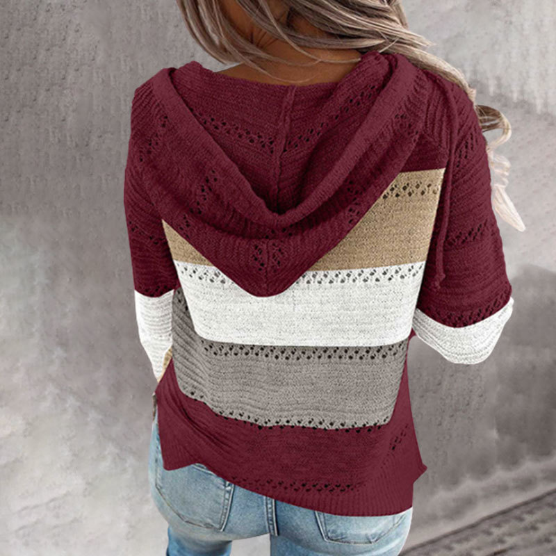 Female Patchwork Autumn Vintage Hoody Hole Coat Soft Casual Knitted Zipper Hoody Hoodie For Women S-V 201211
