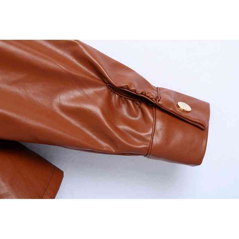 Women Pu Leather Shirt Autumn Fashion Brown Color Modern Lady Casual Top 210602