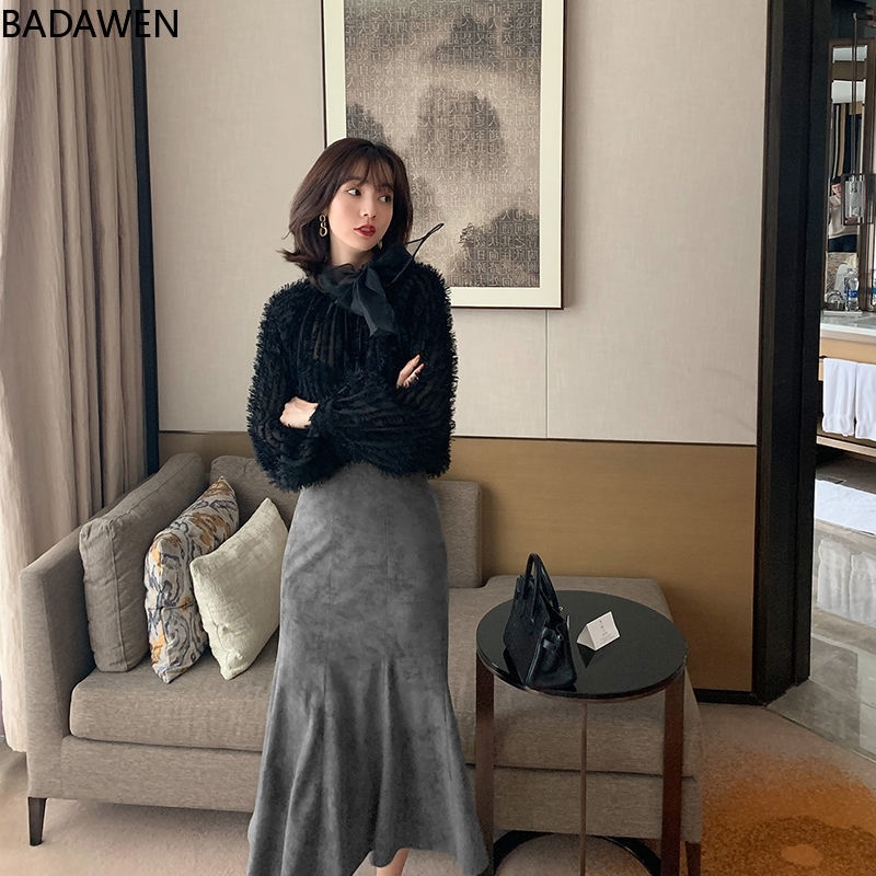 New Fashion Women Long Skirts Vintage Mermaid High Waist Solid Color Package Hip Slim Tight Fishtail Office Lady for Winter 210309