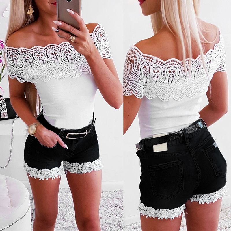 Shorts Women Summer Casual Mid Waist Lace Patchwork Ripped Skinny Jeans Women Streetwear Fashion Women Denim Short jean P30 T200608